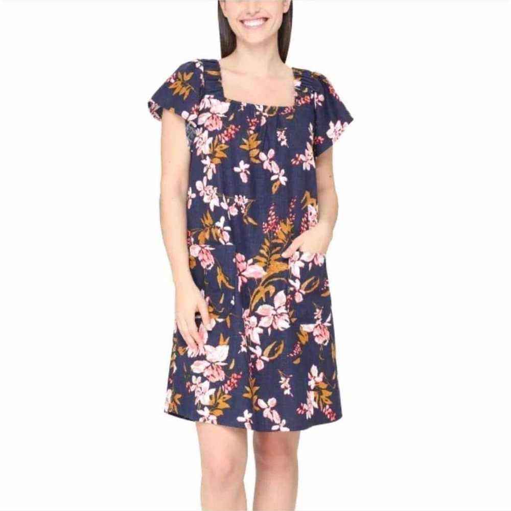 Nicole Miller Linen Blend Floral Print Dress, Blue Multi